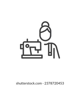 Tailor and sewing machine line icon. Seamstress linear style sign for mobile concept and web design. Sewing machine and female tailor outline vector icon. Symbol, logo illustration. Vector graphics