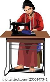 Tailor Sewing New Cloth Vector Illustration