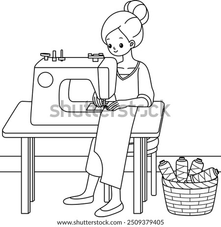 Tailor Sewing T-shirt Outline Coloring Page. Labor Day Hand Drawn Clip Art