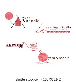 Tailor Sewing Vintage Logo Set, Needle and Yarn Logo Set, Fashion Retro Simple Logo, Vector Design Template