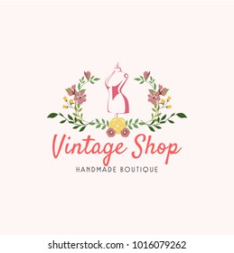 Tailor Sewing Vintage, Mannequin, Fashion, Floral, Retro Logo Template Vector Design