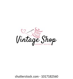 Tailor Sewing Vintage, Needle, Yarn, Fashion, Floral, Retro Logo Template Vector Design