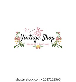 Tailor Sewing Vintage, Needle, Yarn, Fashion, Floral, Retro Logo , Sign, Icon Template Vectr Design