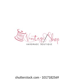 Tailor Sewing Vintage, Needle, Yarn, Fashion, Floral, Retro Logo Template Vector Design