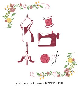 Tailor Sewing Vintage, Needle, Yarn, Knitting Handmade Fashion Retro Floral Simple Logo Set Template