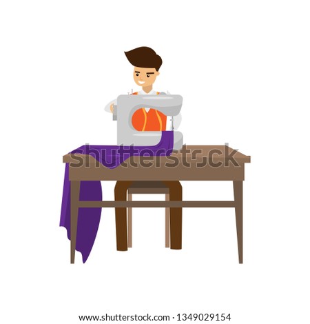 Tailor sews clothes on sewing machine isolated on white background