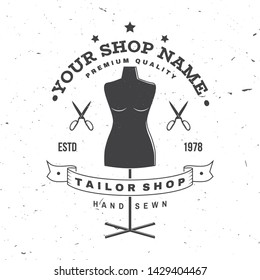 Tailor shop badge. Vector illustration. Concept for shirt, print, stamp label or tee. Vintage typography design with mannequin and scissors silhouette. Retro design for sewing shop business