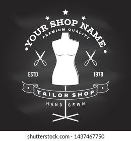 Tailor shop badge. Vector illustration. Concept for shirt, print, stamp label or tee. Vintage typography design with mannequin and scissors silhouette. Retro design for sewing shop business