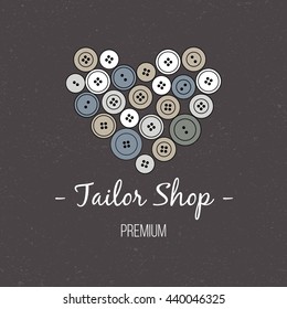 Tailor Shop banner - multicolored buttons. Black-and-white banner with grunge texture. Logo for the sewing studio. Sewing Supplies shop