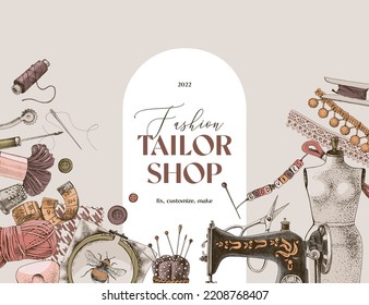 Tailor shop banner on beige background