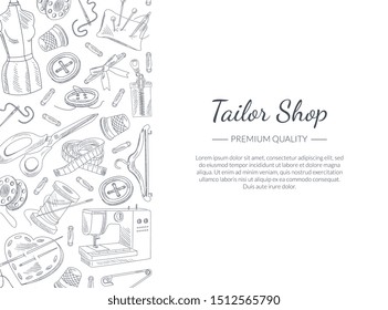 Tailor Shop Banner Template with Hand Drawn Sewing Accessories and Space for Text, Tailor Shop, Workshop Element Vector Illustration