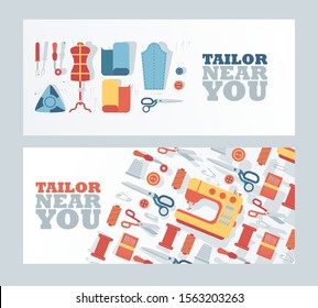 Tailor shop banner, vector illustration. Atelier dressmaking service, fashion design studio, professional clothing repair. Dressmaking tailoring icons in flat style, sewing tools and accessories