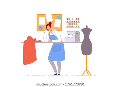 Tailor shop business owner. Isolated dressmaker woman person working in sewing craft workshop. Vector tailor seamstress business owner with sewing machine, mannequin and fabric in atelier shop