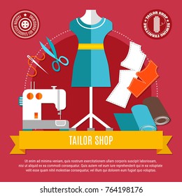 Tailor shop concept with mannequin sewing machine and cloth flat vector illustration