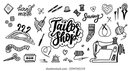 Tailor Shop Doodle Drawings of Sewing Tools and Accessories, Including a Sewing Machine, Spools, Needles, and Tape Measure, Perfect for Tailoring, Creativity, and Crafting Themes. EPS 10