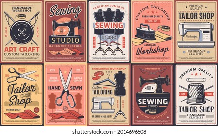 Tailor shop, dressmaking atelier and sewing workshop, vector retro posters. Dressmaker seamstress salon, custom tailoring art craft and clothing repair and alternation, premium handmade sewing service