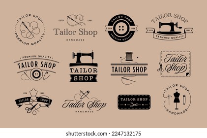 Tailor shop emblem. Elegant dressmaker label, atelier tag with dummy, needle and thread vector illustration set. Needlework equipment, fashion industry logotypes, designer workshop logo