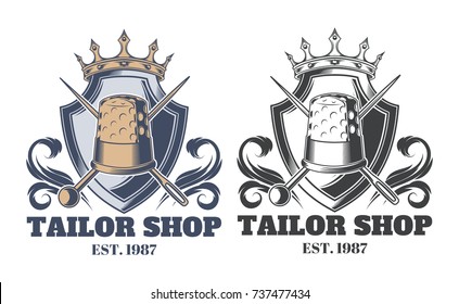 Tailor shop emblem or signage with business information vector illustration in retro style. Custom, individual sewing handiwork small business brand sticker, label or badge design template