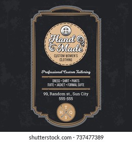 Tailor shop emblem or signage with logo and business information vector illustration in retro style. Custom, individual sewing handiwork small business brand sticker, label or badge design template