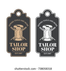 Tailor shop emblem or signage with logo and business information vector illustration in retro style. Custom, individual sewing handiwork small business brand sticker, label or badge design template