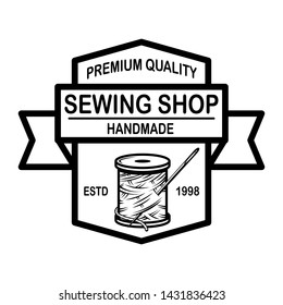 Tailor shop emblem template. Design element for logo, label, sign, poster. Vector illustration