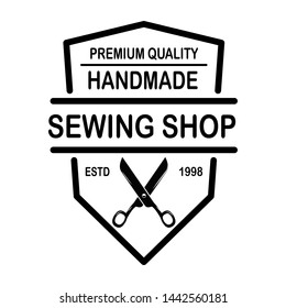 Tailor shop emblem template. Design element for logo, label, sign, poster. Vector illustration