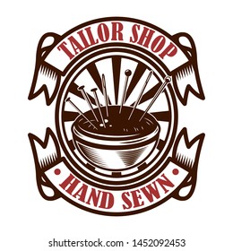 Tailor shop emblem template. Design element for logo, label, sign, poster. Vector illustration
