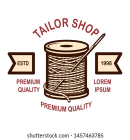 Tailor shop emblem template. Design element for logo, label, sign, poster. Vector illustration