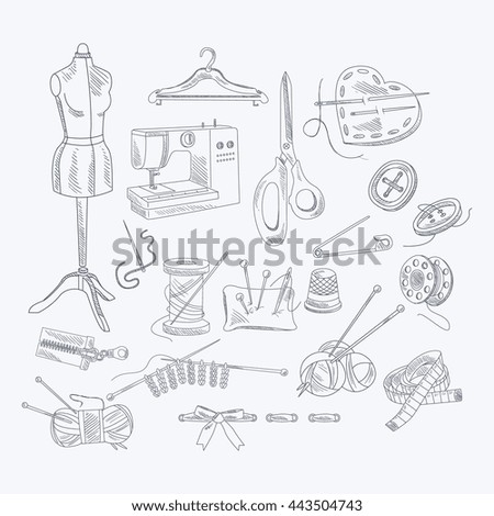 Tailor Shop Equipment Set Hand Drawn Artistic Vector Illustration In Sketch Style On White Background