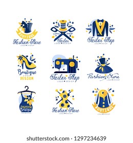 Tailor shop, fashion store logo design set, dress boutique, dressmakers salon, tailoring studio, designer emblem vector Illustration