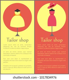 Tailor shop framed banners, vector illustration with two cute gown and pretty hat isolated in red and yellow circles, text sample, big bow on dress