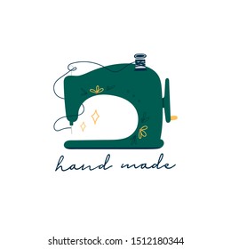 Tailor shop. Hand made. Hand drawn retro vintage green sewing machine. Trendy vector illustration. Pre-made logo for your design. Isolated on white background. Side view. Cartoon style. Flat design