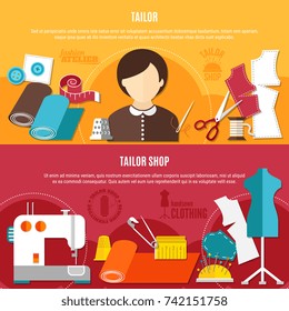 Tailor shop horizontal banners set with equipment symbols flat isolated vector illustration 