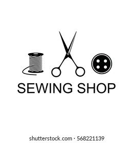 Tailor Shop Icon Isolated. Vector Illustration With Scissors, Thread, Button.