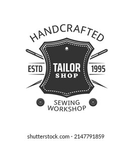 Tailor Shop Icon With Leather Patch And Crossed Sewing Needles. Custom Clothing Workshop, Handmade Dresses Atelier Or Studio And Clothes Repair Service Vector Emblem, Retro Label Or Vintage Icon