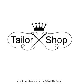 Tailor shop icon with needles and crown. Vector illustration isolated on white background.