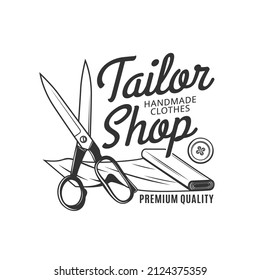 Tailor shop icon of sewing tools and fabric, fashion vector design. Scissors, button and roll of textile isolated monochrome symbol of dressmaker or fashion designer studio and atelier salon