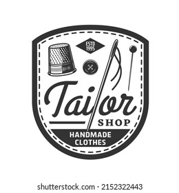 Tailor shop icon, vector vintage emblem for handmade clothes shop. Retro label with thimble, needle, button and pin. Sewing fashion, textile craft tailoring and needlework craft advertising sign