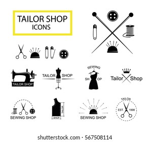 Tailor shop icons or logotypes. Vector illustration for sewing shop with sewing machine, dummy, thread, needles, scissors.