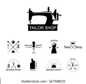 Tailor shop icons or logotypes. Vector illustration for sewing shop with sewing machine, dummy, thread, needles, scissors.