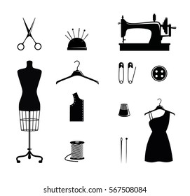 Tailor shop icons: scissors, needle bar, a sewing machine, button, mannequin, hanger, pins, needles and thread. Vector illustration for sewing shop or tailor.