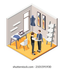 Tailor shop interior isometric composition with sartor taking measurements 3d vector illustration