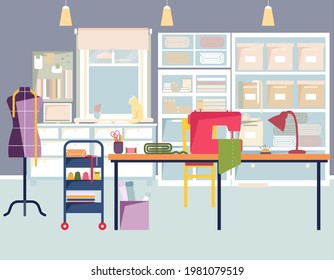 Tailor shop interior: sewing machine, mannequin, furniture; sewing tools, thread, needles, cloth, fabric, etc. Sewing workshop, atelier, sewing coworking. Handmade concept. Flat vector illustration
