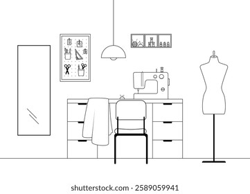 Tailor shop interior. Sewing and tailoring concept. Vector illustration in line art style. 