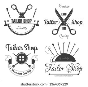 Tailor shop isolated icons sewing tools tailoring and clothes repairing vector scissors and needles pins and button monochrome emblems or logo seamstress service and designer clothing handmade craft.