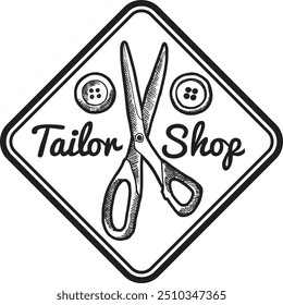 Tailor shop label. Monochrome logo. Round emblem
