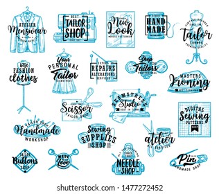 Tailor shop lettering icons with sewing tools and equipment sketches, fashion vector design. Sewing machine, scissors and needle, thread, button and mannequin, dress, tape measure, dressmaker patterns