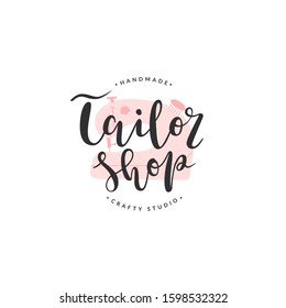 Tailor shop lettering logotype with illustration of sewing machine, vector isolated sign, template of brand identity for atelier or workshop, concept for sewing, needlecraft and tailoring.