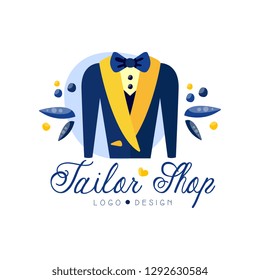 Tailor shop logo design, dressmakers salon, sewing studio, fashion designer emblem, dress boutique, store vector Illustration