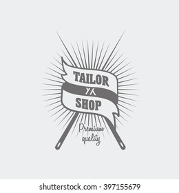 Tailor shop logo or label template with two needles and ribbon